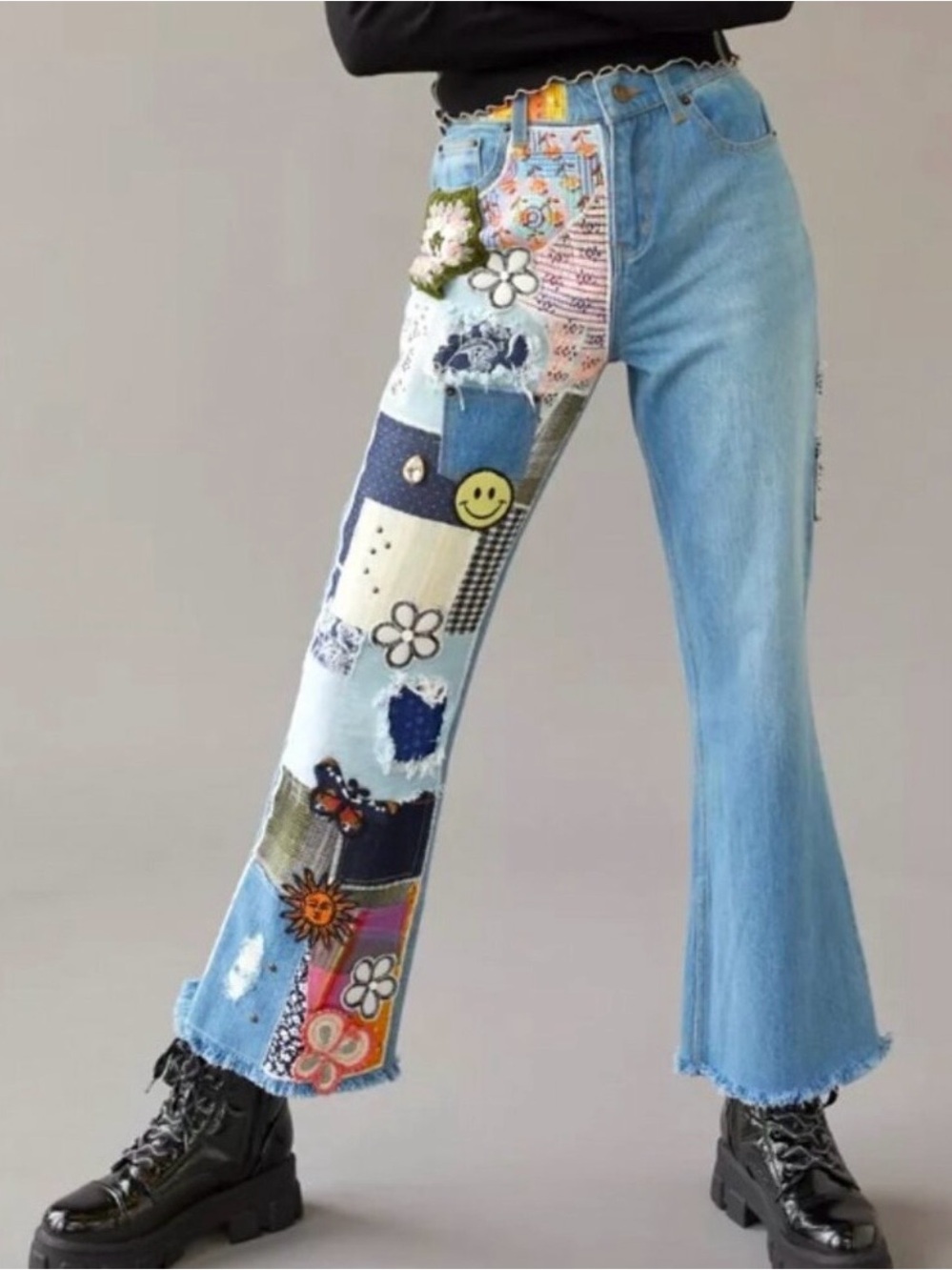 BDG Blue Patchwork Straight-Leg Jeans with Embroidered Accents